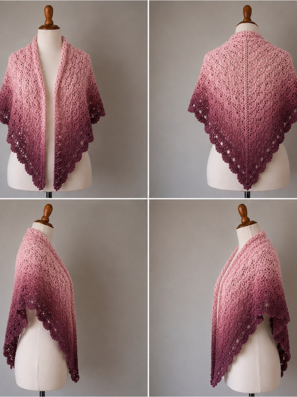Handmade Pink Plum Ombre Crochet Shawl & Fingerless Gloves 2 Piece Set Boho Lace